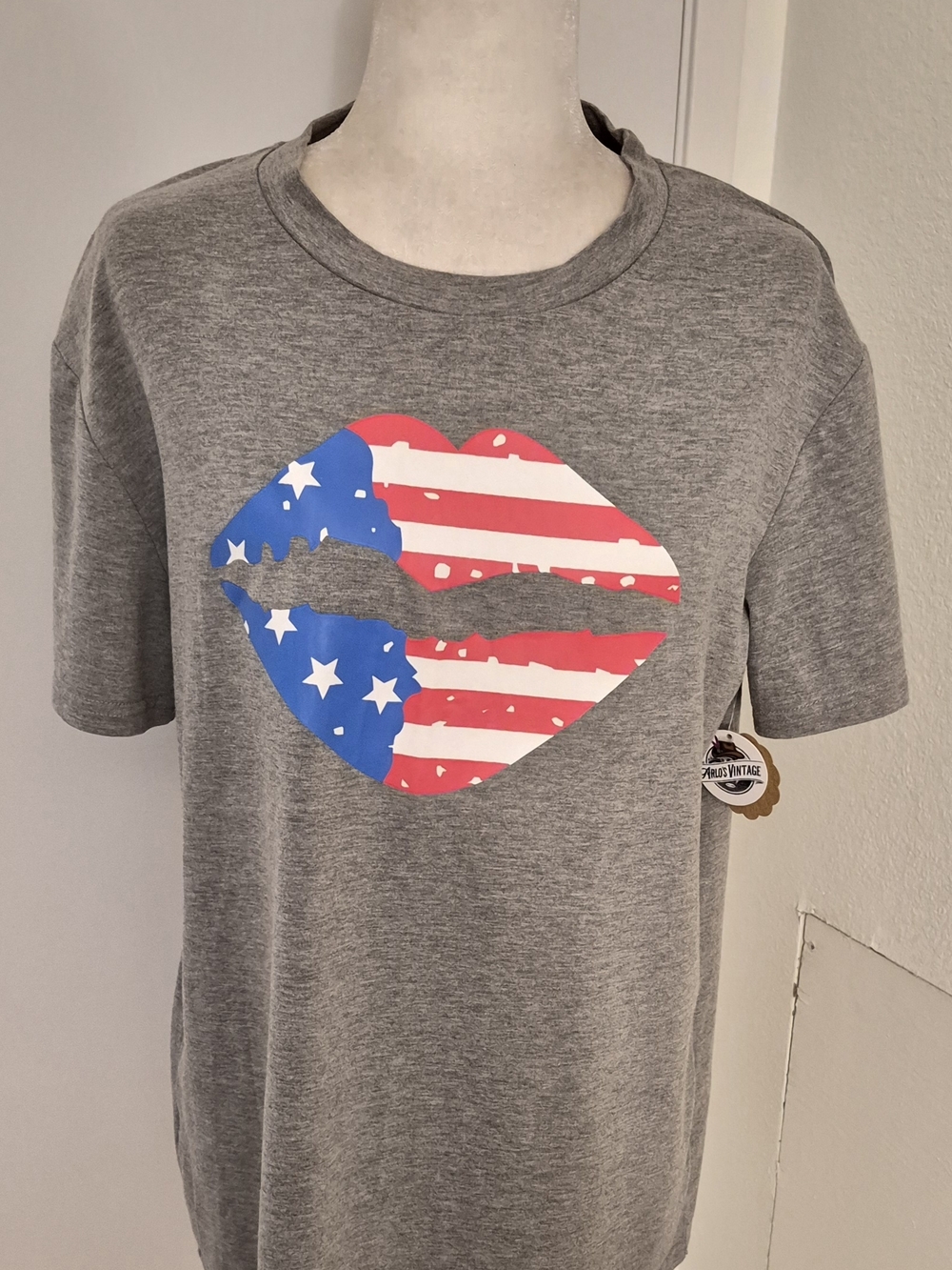 Women’s Grey Short Sleeve Tee with Flag Lip Graphic